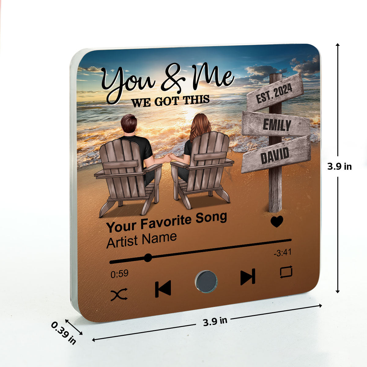 Romantic Beach Landscape Couple Sitting Holding Hands Sign Posts Personalized Music Fridge Magnet, Heartfelt 2025 Gift For Couple, For Him, For Her, Boyfriend, Girlfriend, Husband, Wife