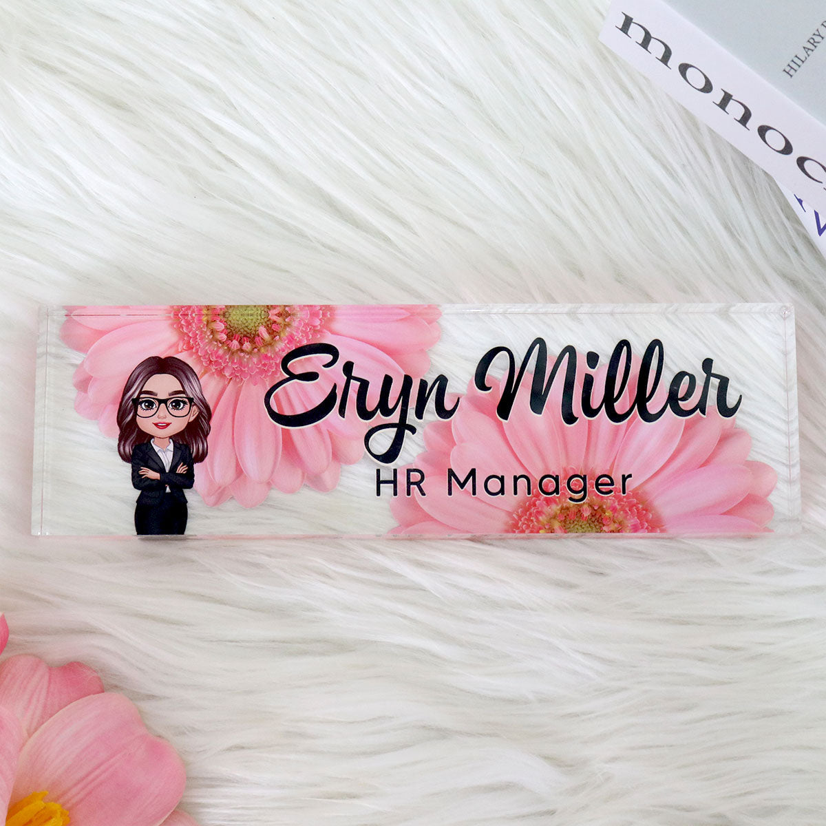 Daisy Flowers Woman Man Office Personalized Acrylic Desk Name Plate, Office Desk Decor, Gift For Colleagues, Coworkers, Boss