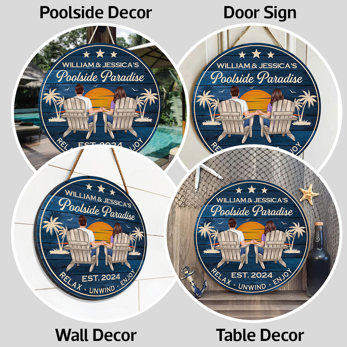 Poolside Paradise Couple Sitting Personalized Wood Sign, Summer Decor, Perfect for Bar, Pool Deck, Beach House, Backyard Walls