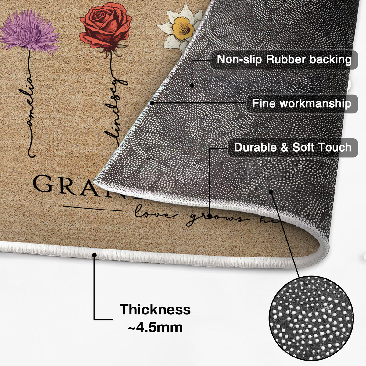 Grandma‘s Garden Love Grows Here Vintage Birth Flower Swirl Name Personalized Doormat, Gift For Her, Grandma, Mom