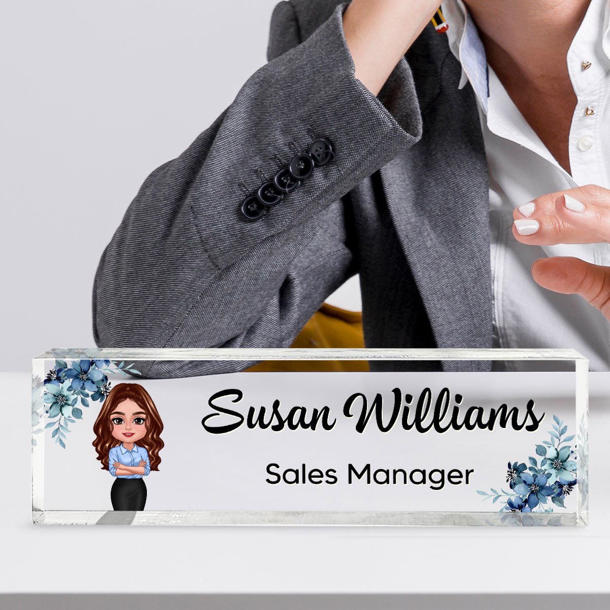 Daisy Flowers Woman Man Office Personalized Acrylic Desk Name Plate, Office Desk Decor, Gift For Colleagues, Coworkers, Boss