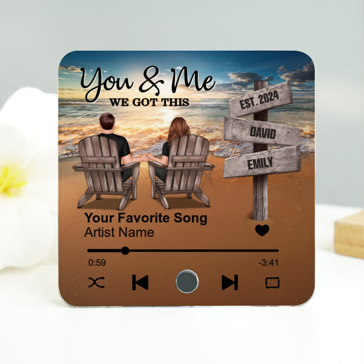 Romantic Beach Landscape Couple Sitting Holding Hands Sign Posts Personalized Music Fridge Magnet, Heartfelt 2025 Gift For Couple, For Him, For Her, Boyfriend, Girlfriend, Husband, Wife
