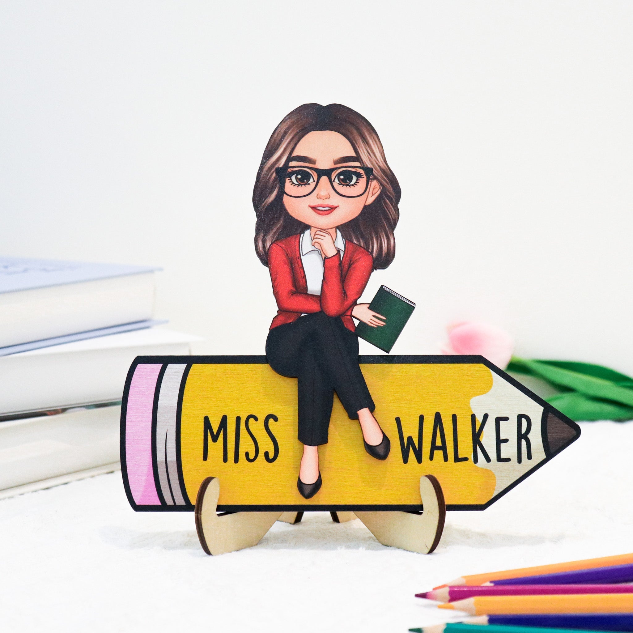 Doll Teacher Sitting On Pencil Personalized 2-Layer Wooden Plaque, Office Decor for Teacher, Gift for Teacher, Teacher Appreciation Gift