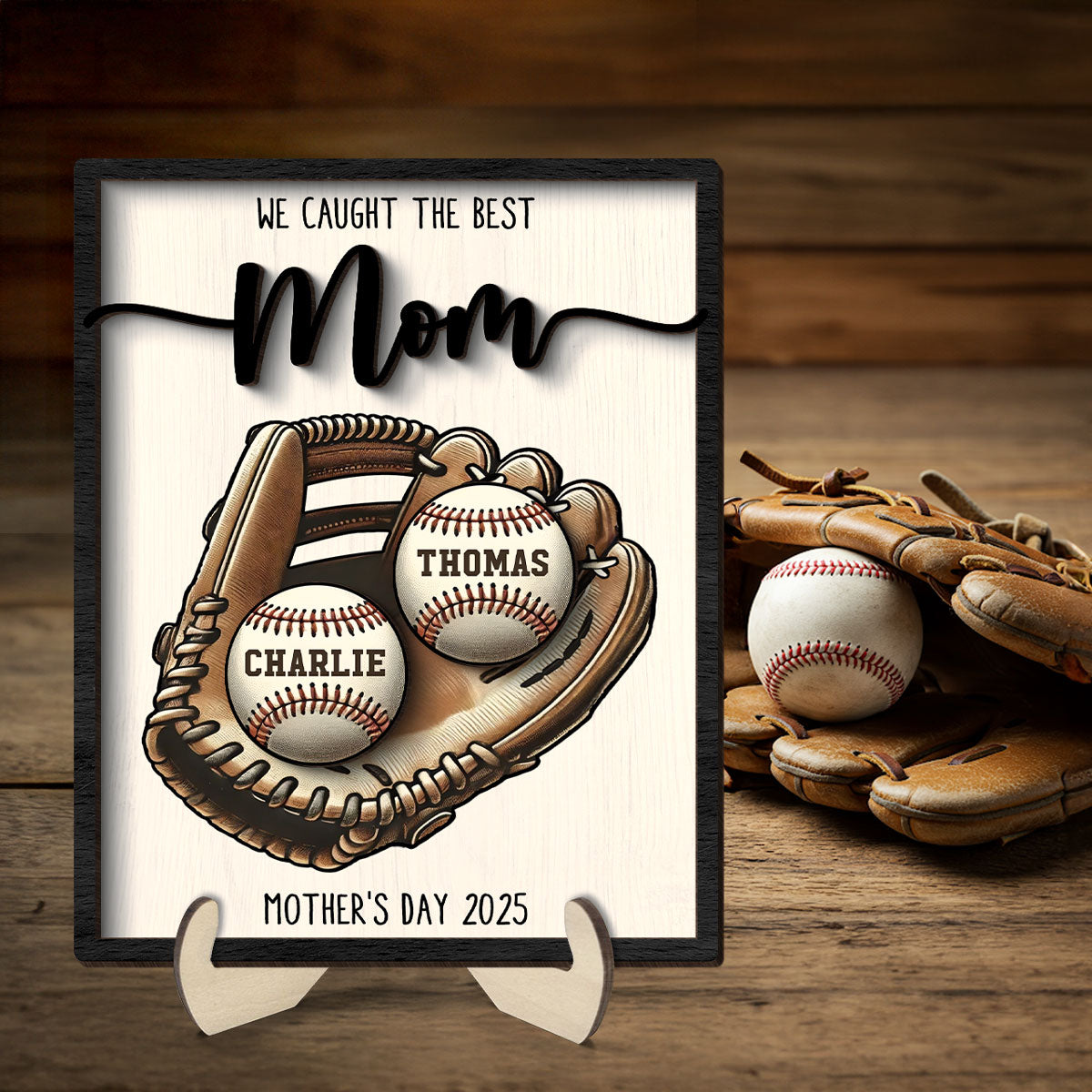 We Caught The Best Mom Baseball, Softball Personalized 2-Layer Wooden Plaque, Custom Kid's Name, Gift For Mom, Gift For Wife, Gift For Grandma