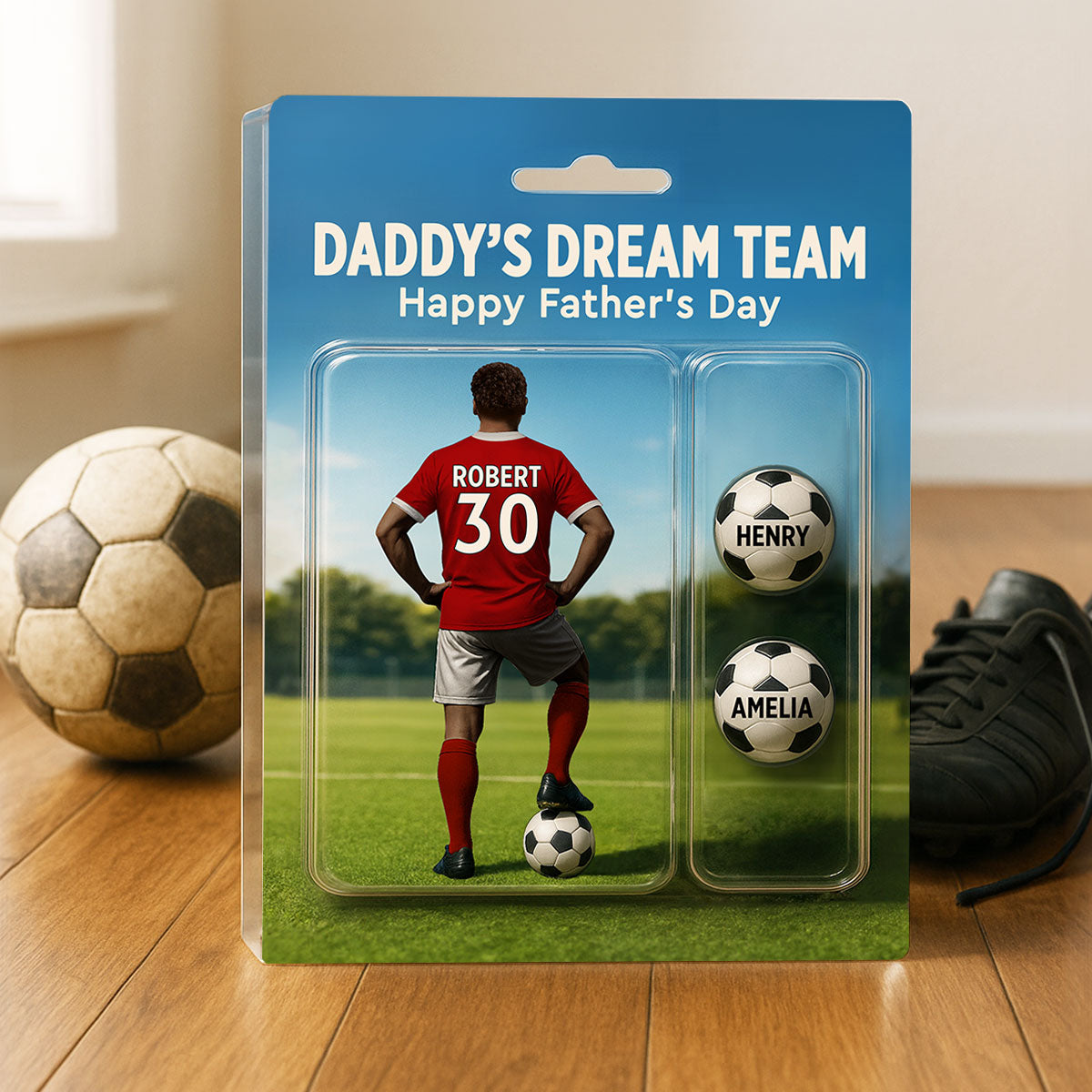 Daddy's Dream Team Soccer With Kids' Names Custom Figure Personalized Acrylic Block Plaque, Perfect Father's Day Gift for Him, for Husband, for Dad, for Soccer Lover