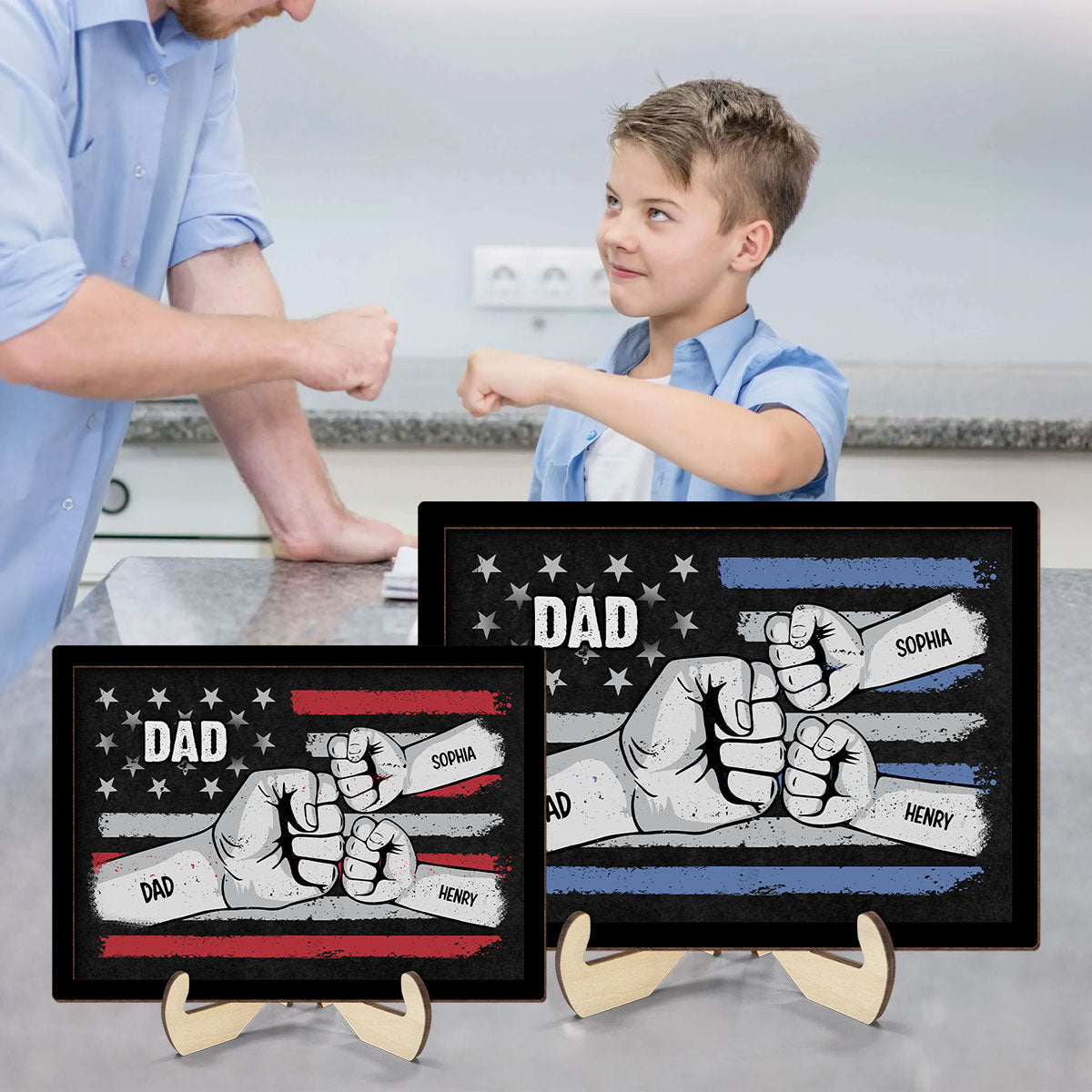 Dad Fist Bump Nation Flag Personalized 2-Layered Wooden Plaque, Father's Day Gift For Dad, For Husband