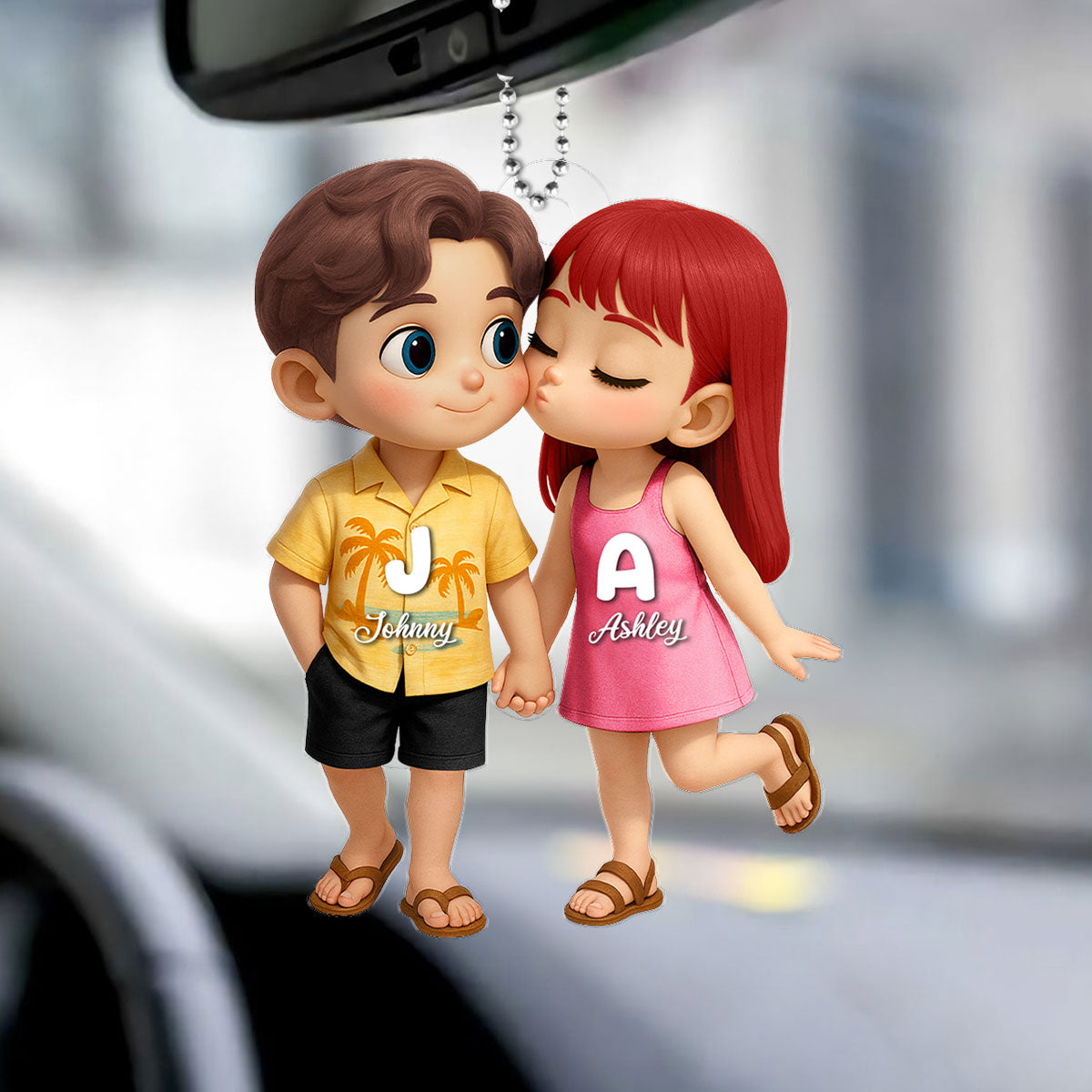 Cute Cartoon Couple Summer Vibe Personalized Acrylic Car Hanger, Gift for him, Gift for her