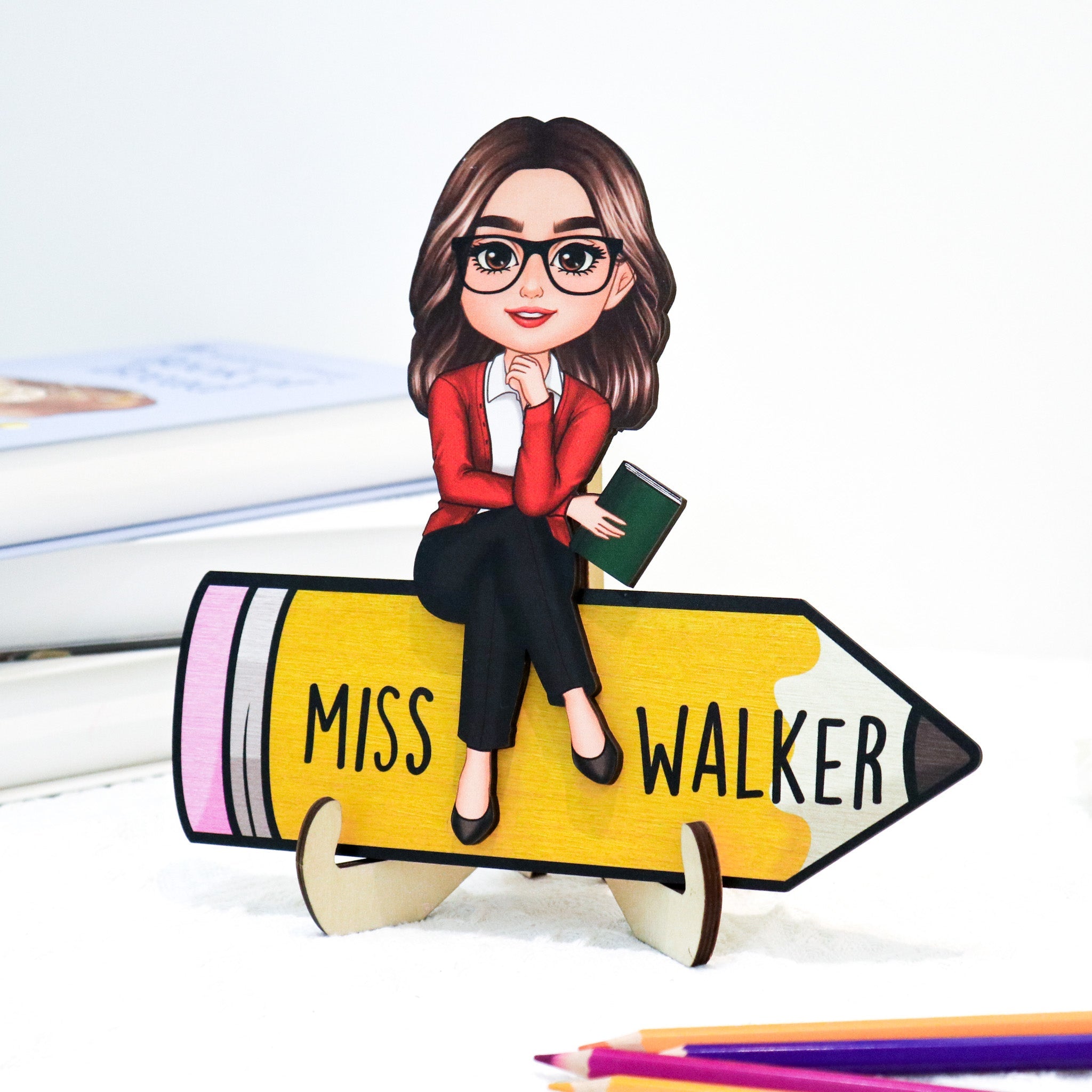 Doll Teacher Sitting On Pencil Personalized 2-Layer Wooden Plaque, Office Decor for Teacher, Gift for Teacher, Teacher Appreciation Gift