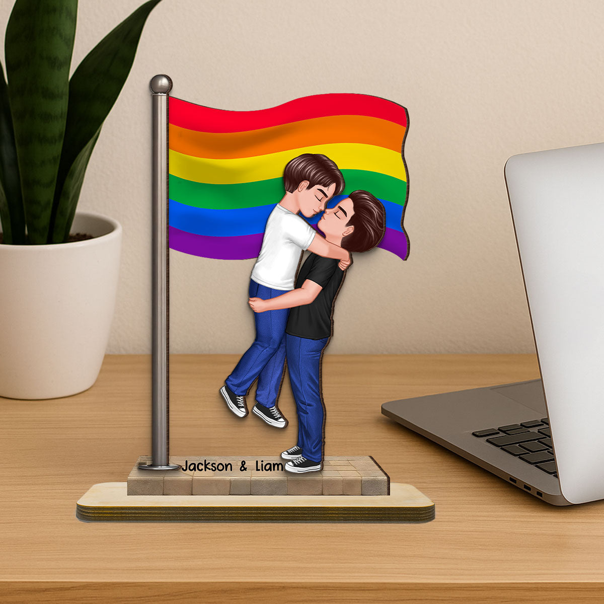 LGBT Couple Hugging Kissing Flag Personalized 2-Layered Standing Wooden Plaque, Pride Month Gift, Anniversary Gift