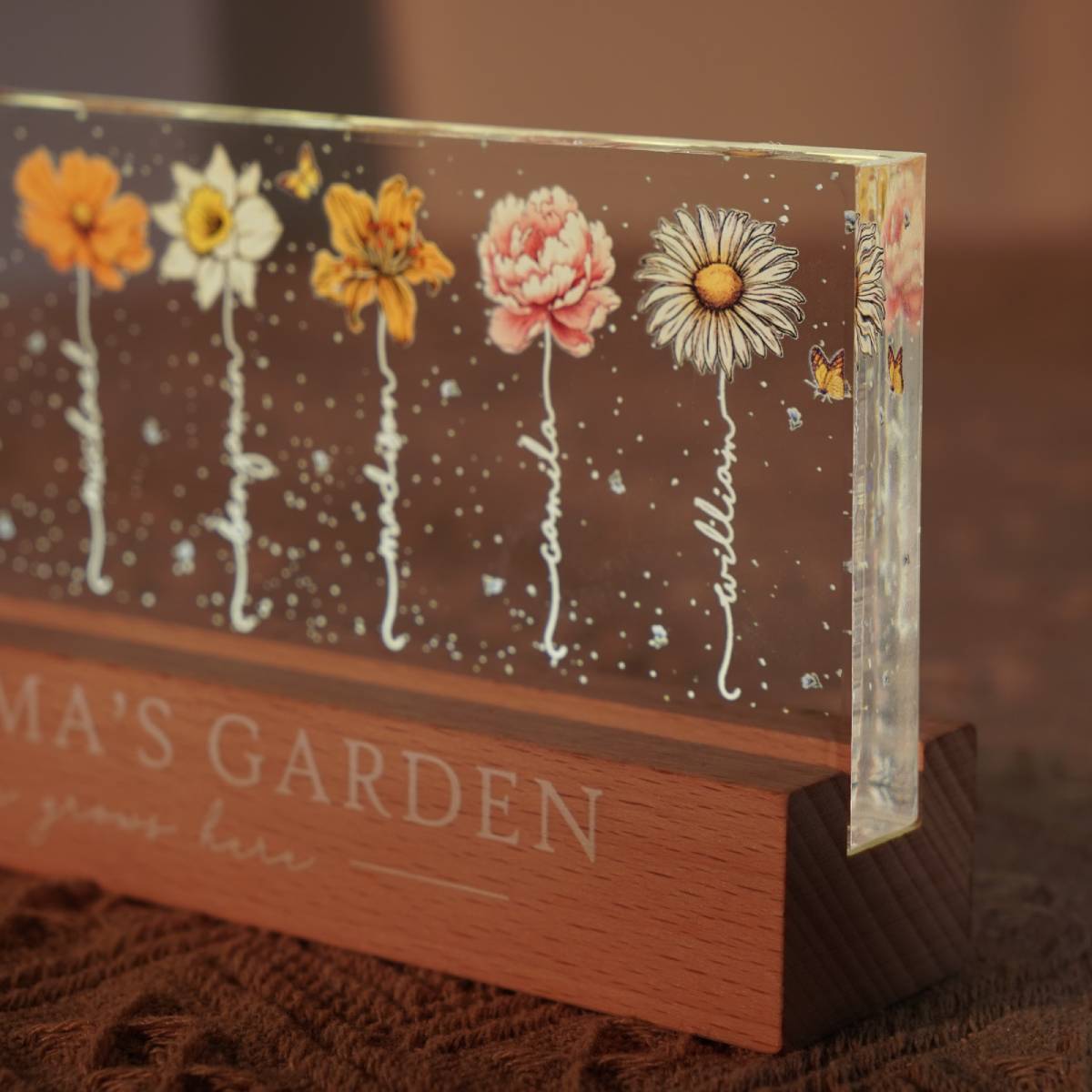 Grandma‘s Garden Birth Month Flowers Personalized Acrylic Block LED Night Light, Heartfelt Gift For Grandma