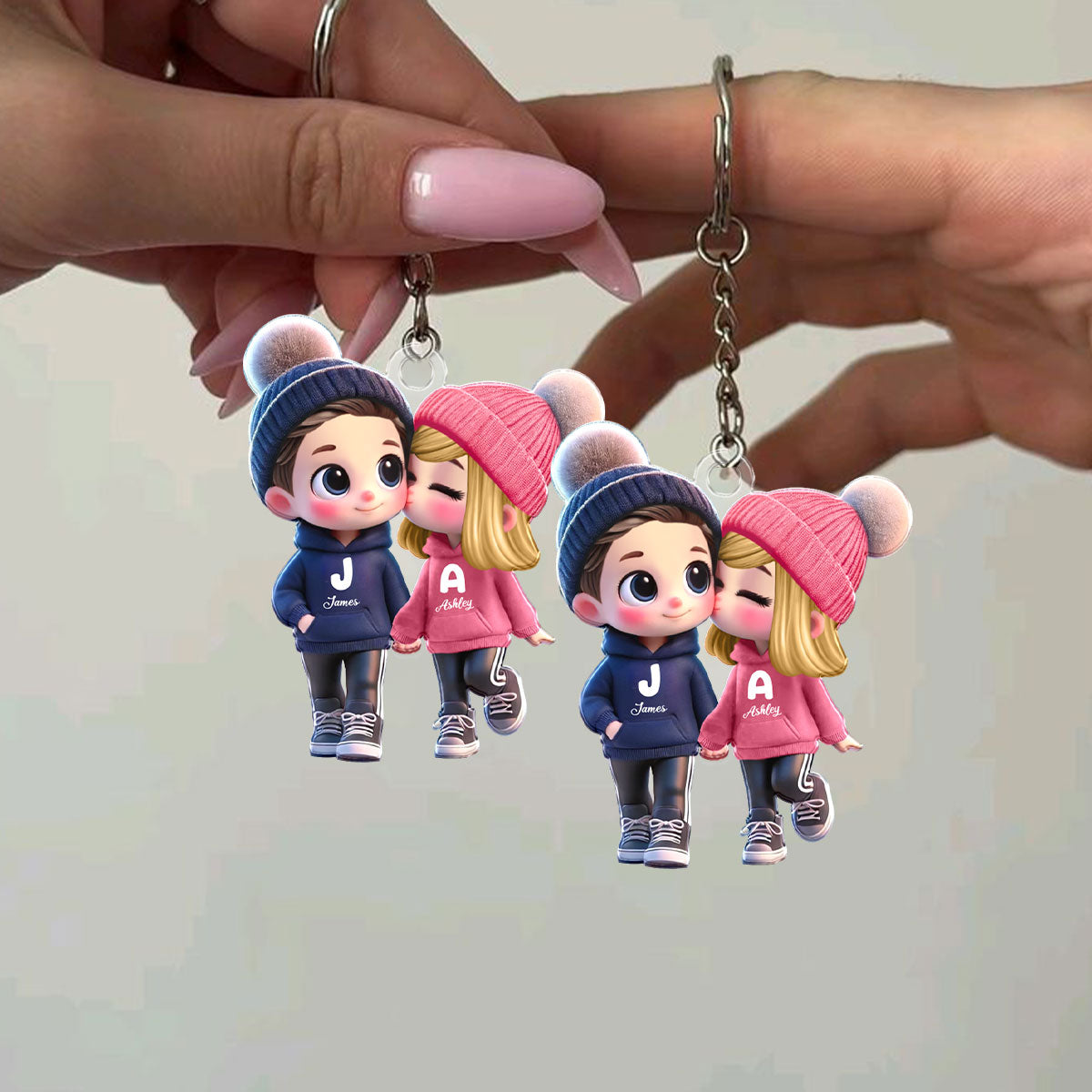 3D Effect Cute Cartoon Couple Walking Personalized Acrylic Keychain, Gift for Him, Gift for Her