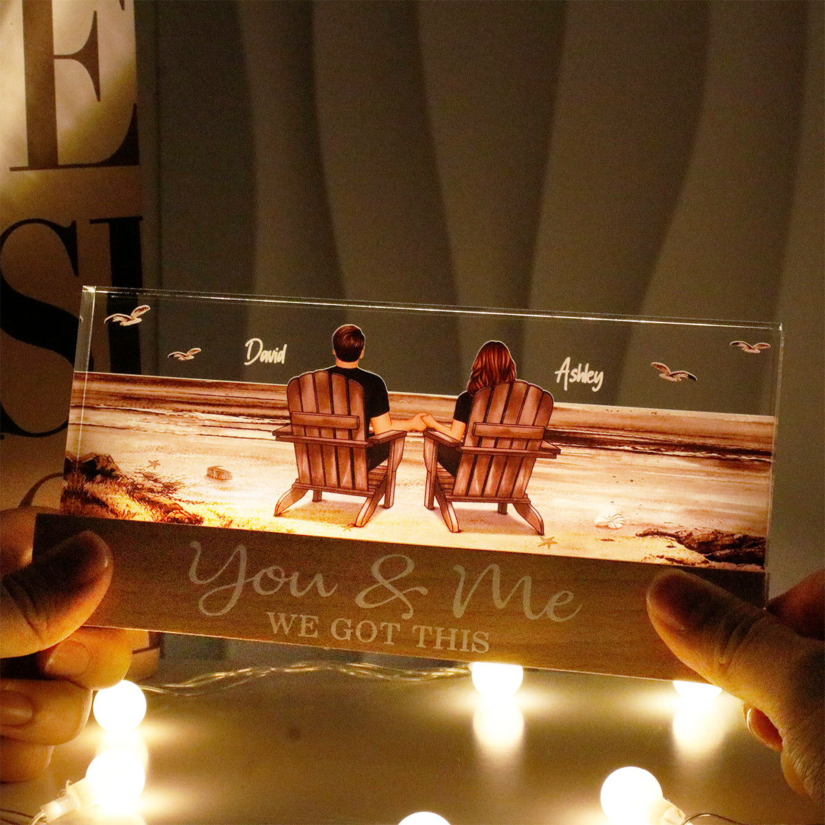 Couple Sitting At Beach Retro Personalized LED Night Light, Heartfelt 2025 Gift For Couple, Husband, Wife, Boyfriend, Girlfriend