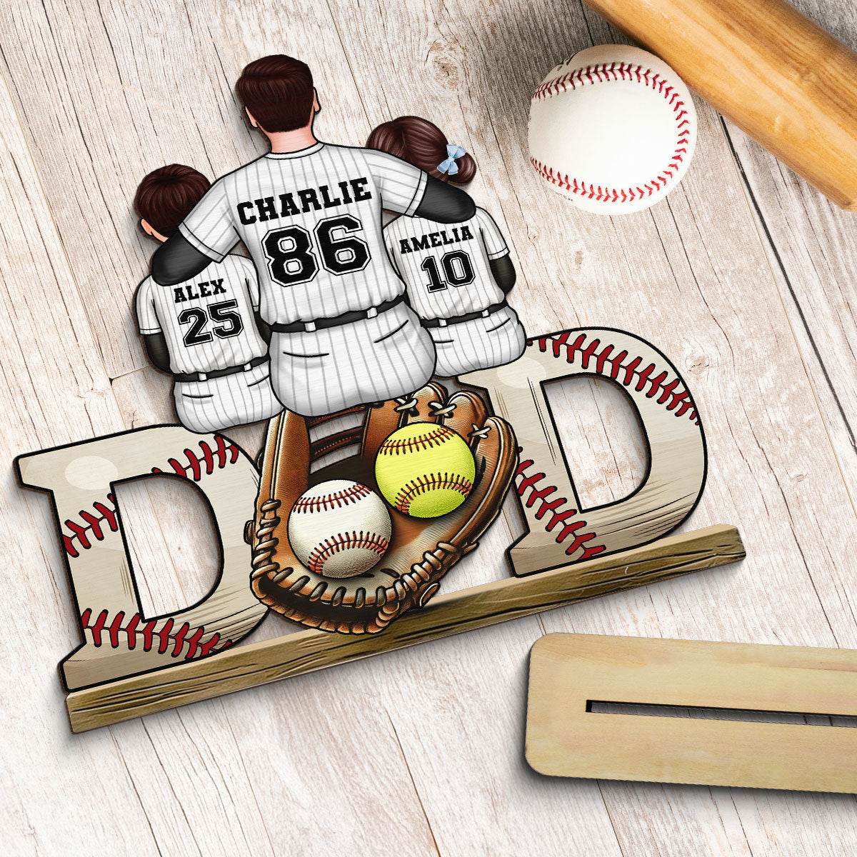 Baseball Softball Dad & Kids Glove Personalized 2-Layer Standing Wooden Plaque, Father's Day Gift for Dad, Gift for Husband