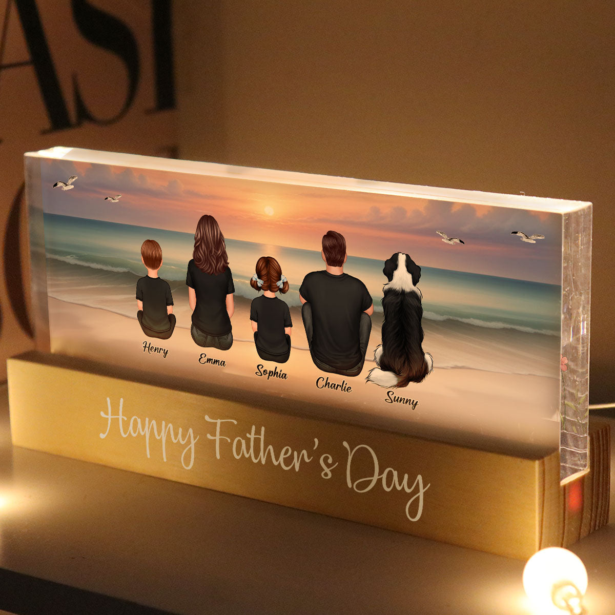 Eternal Family Love Beach Landscape Personalized Acrylic Block LED Night Light, Heartfelt Father's Day Gift For Dad