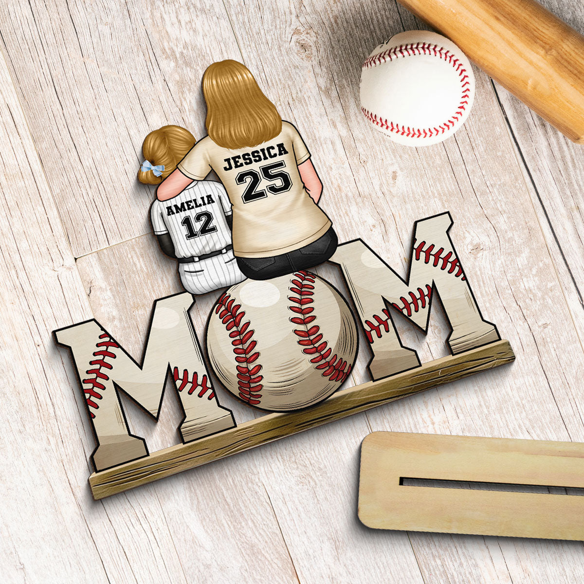 Baseball, Softball Mom And Kids Personalized Standing Wooden Plaque, Gift For Wife, Gift For Mom