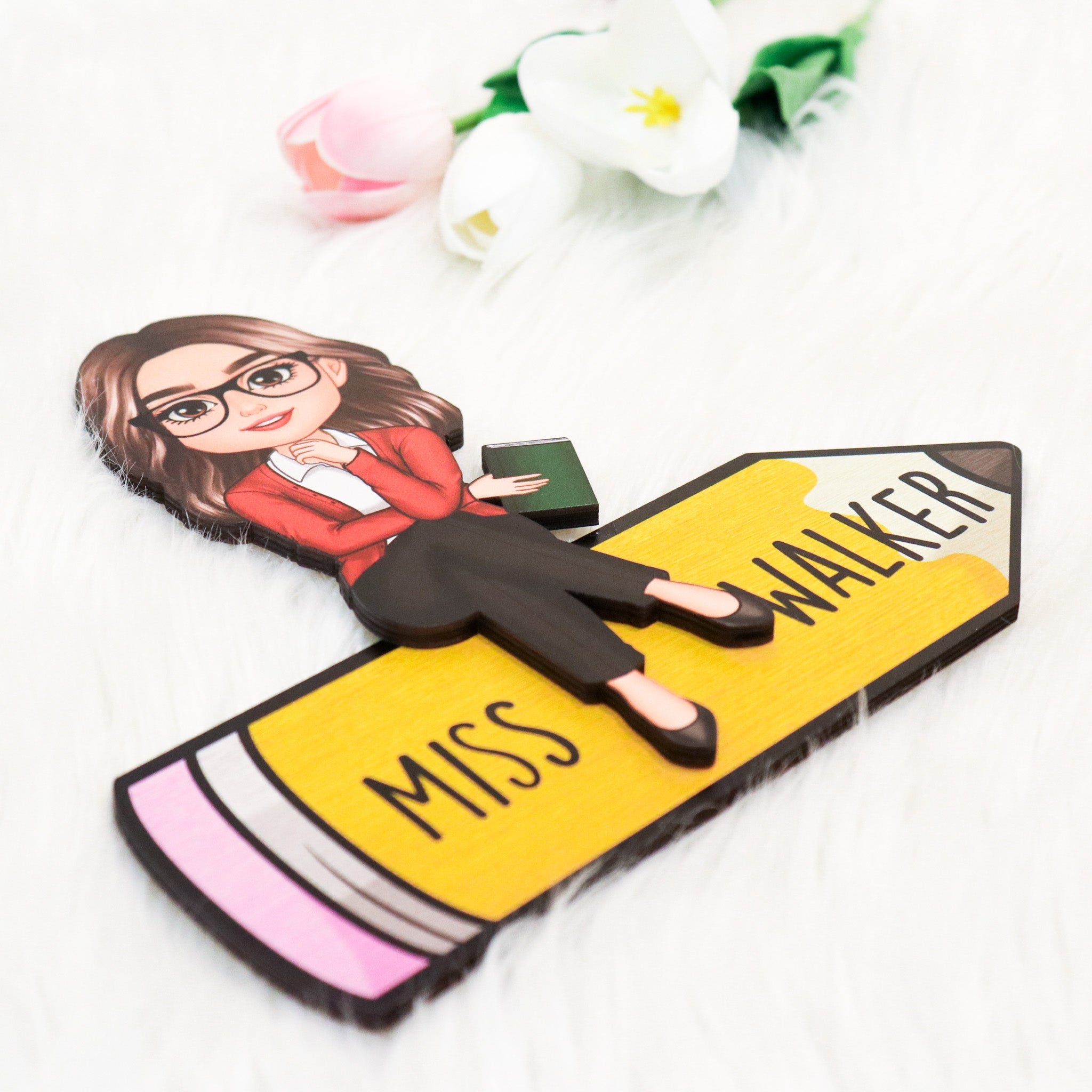 Doll Teacher Sitting On Pencil Personalized 2-Layer Wooden Plaque, Office Decor for Teacher, Gift for Teacher, Teacher Appreciation Gift