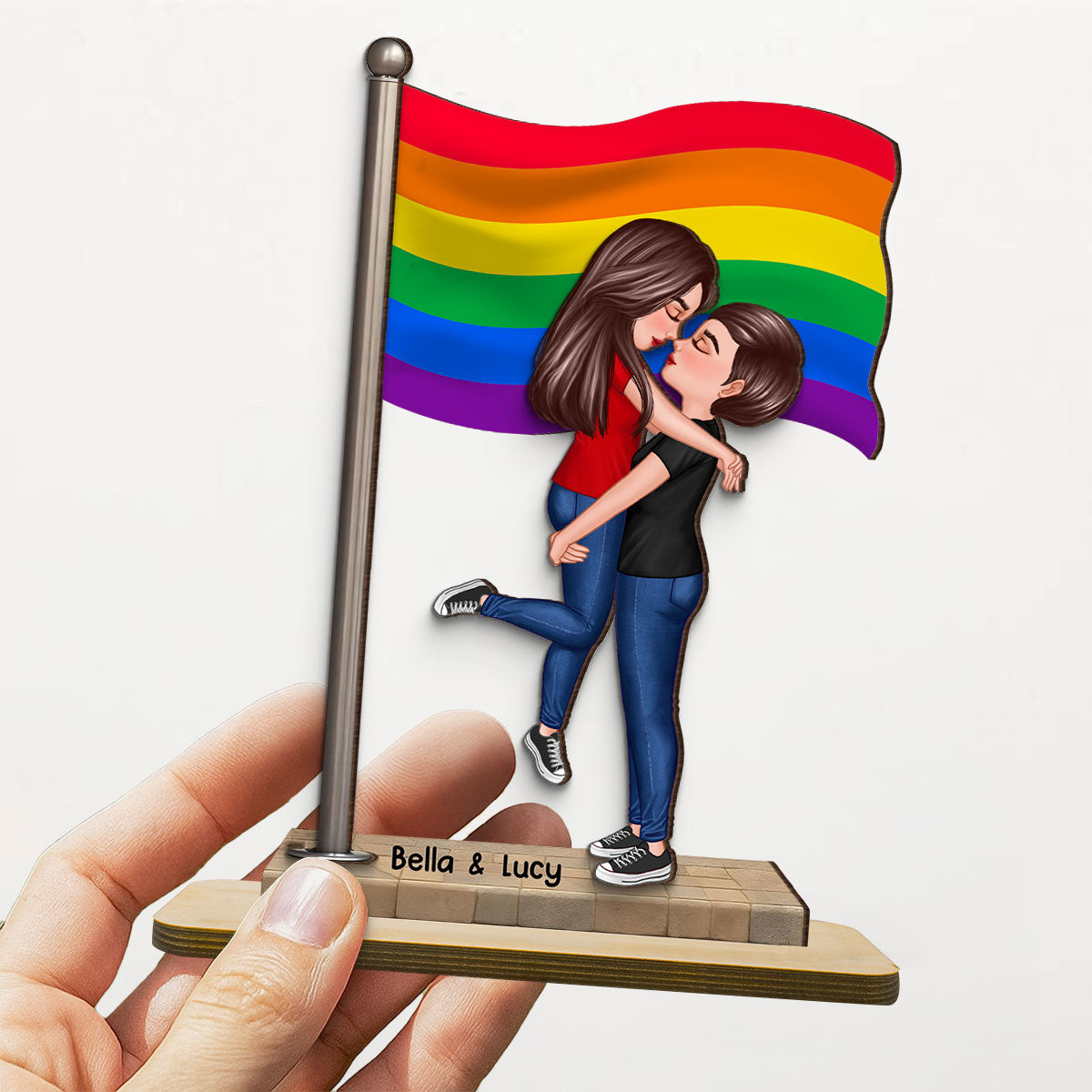 LGBT Couple Hugging Kissing Flag Personalized 2-Layered Standing Wooden Plaque, Pride Month Gift, Anniversary Gift