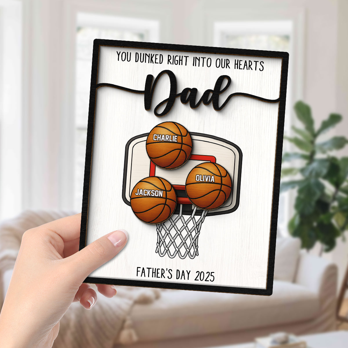 You Dunked Right into Our Hearts Dad Personalized 2-Layered Wooden Plaque, Father's Day Gift for Basketball Dad, Gift for Husband