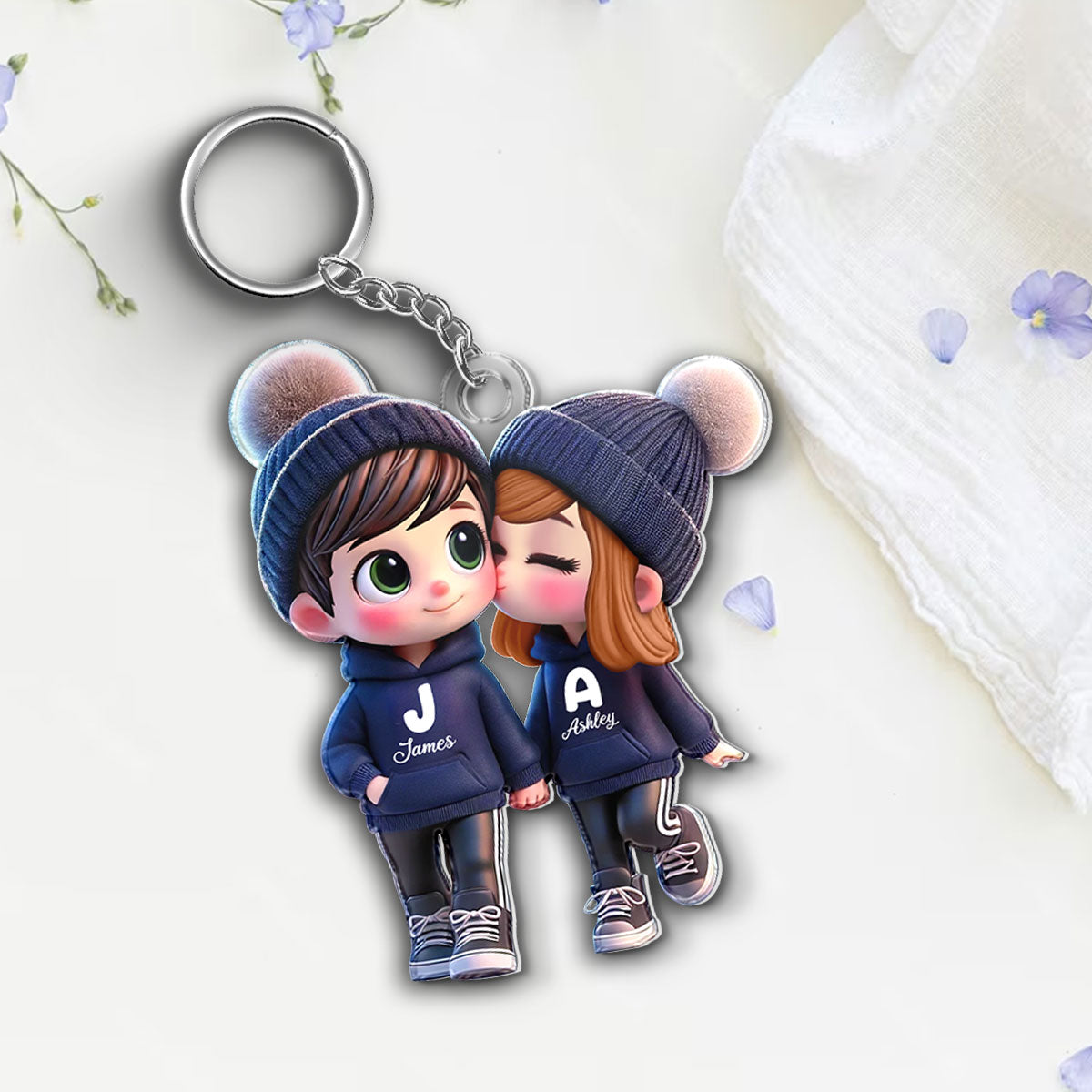 3D Effect Cute Cartoon Couple Walking Personalized Acrylic Keychain, Gift for Him, Gift for Her