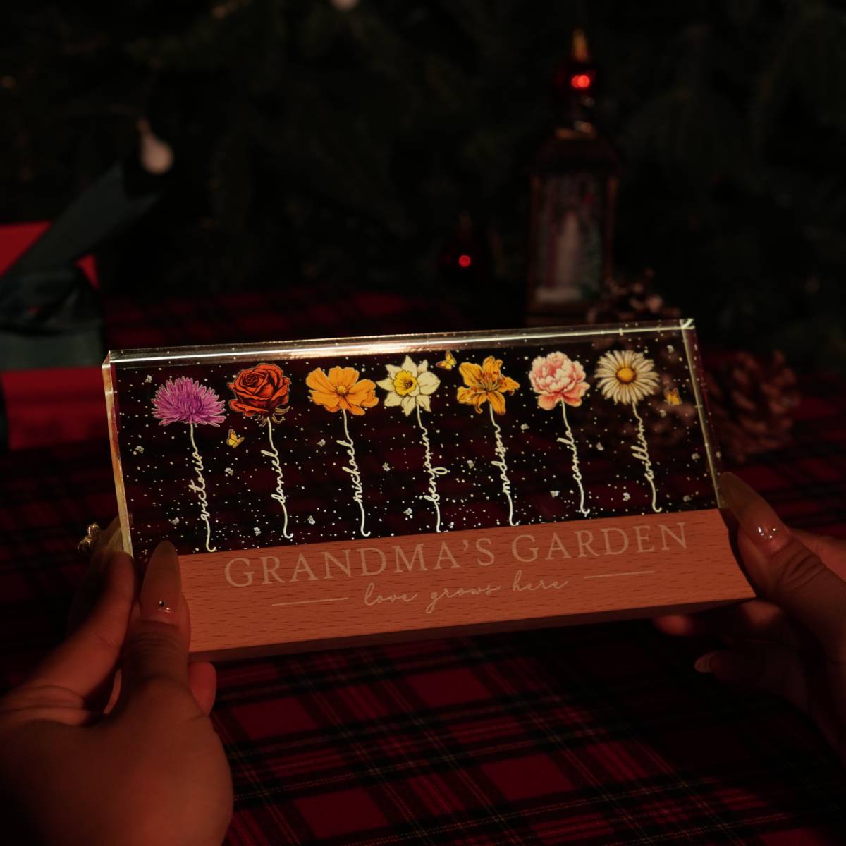 Grandma‘s Garden Birth Month Flowers Personalized Acrylic Block LED Night Light, Heartfelt Gift For Grandma