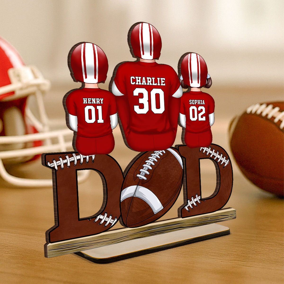 Football Dad And Kids Back View Personalized Standing Wooden Plaque, Father's Day Gift for Husband, Gift for Dad
