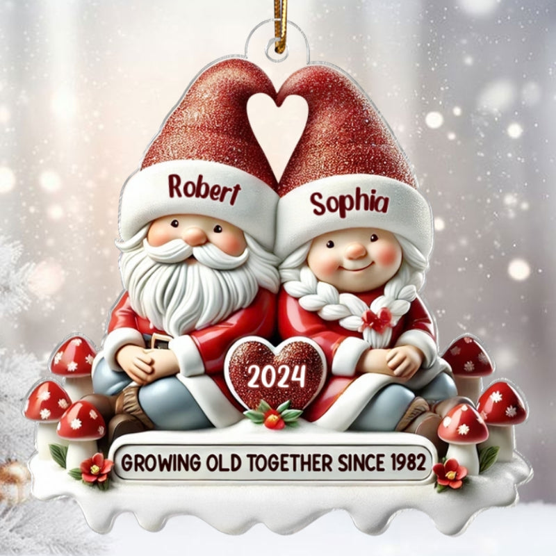 3D Effect Gnome Couple Personalized Flat Acrylic Ornament, Gift For Him, For Her, Husband, Wife