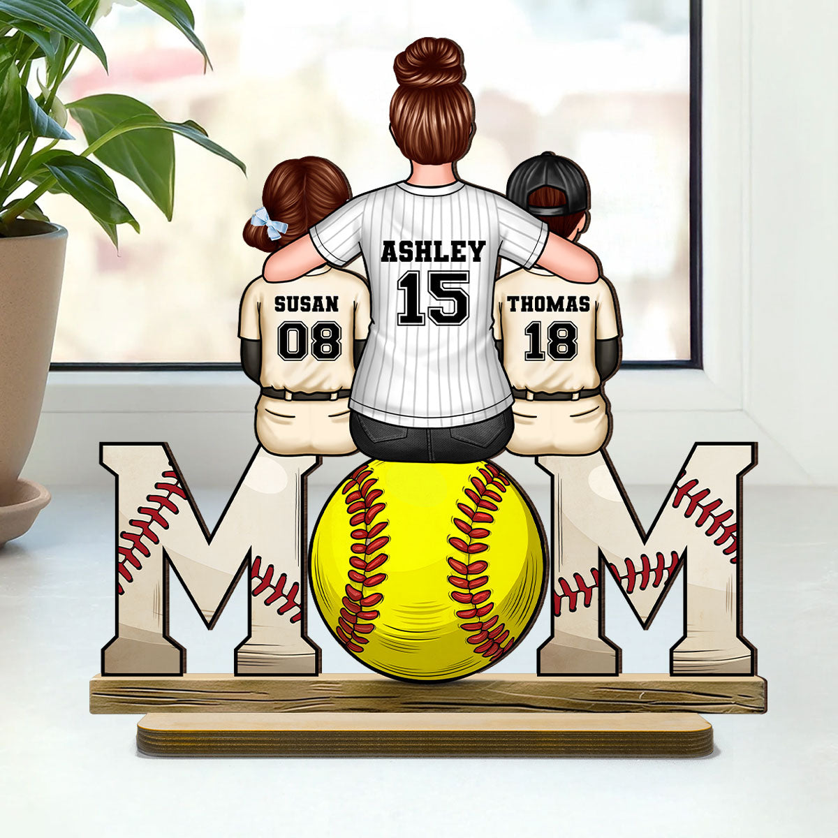 Baseball, Softball Mom And Kids Personalized Standing Wooden Plaque, Gift For Wife, Gift For Mom
