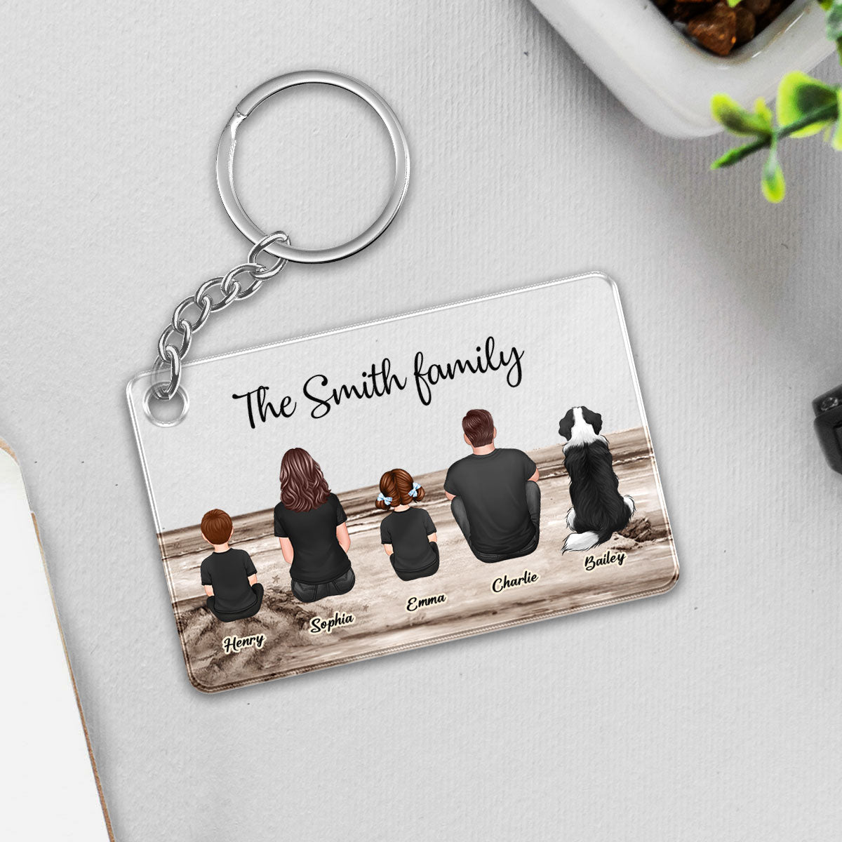 Family Sitting Vintage Background Personalized Acrylic Keychain, Gift For Family