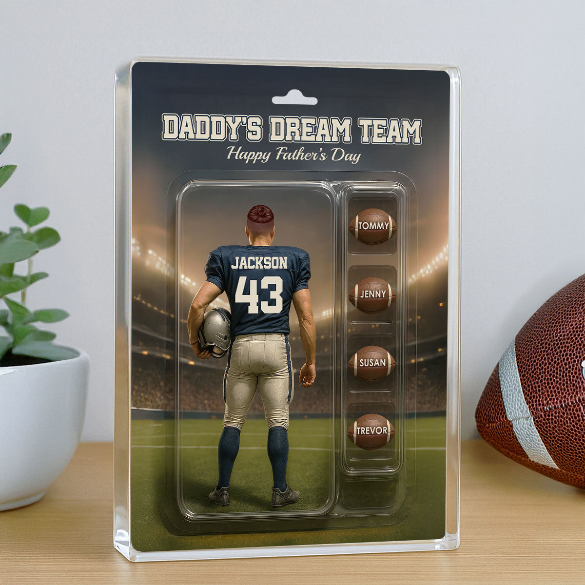 Custom Figure Football Dad With Kids' Names Personalized Acrylic Block Plaque, Perfect 2025 Father's Day Gift For Him, For Dad, For Husband, For Football Lover