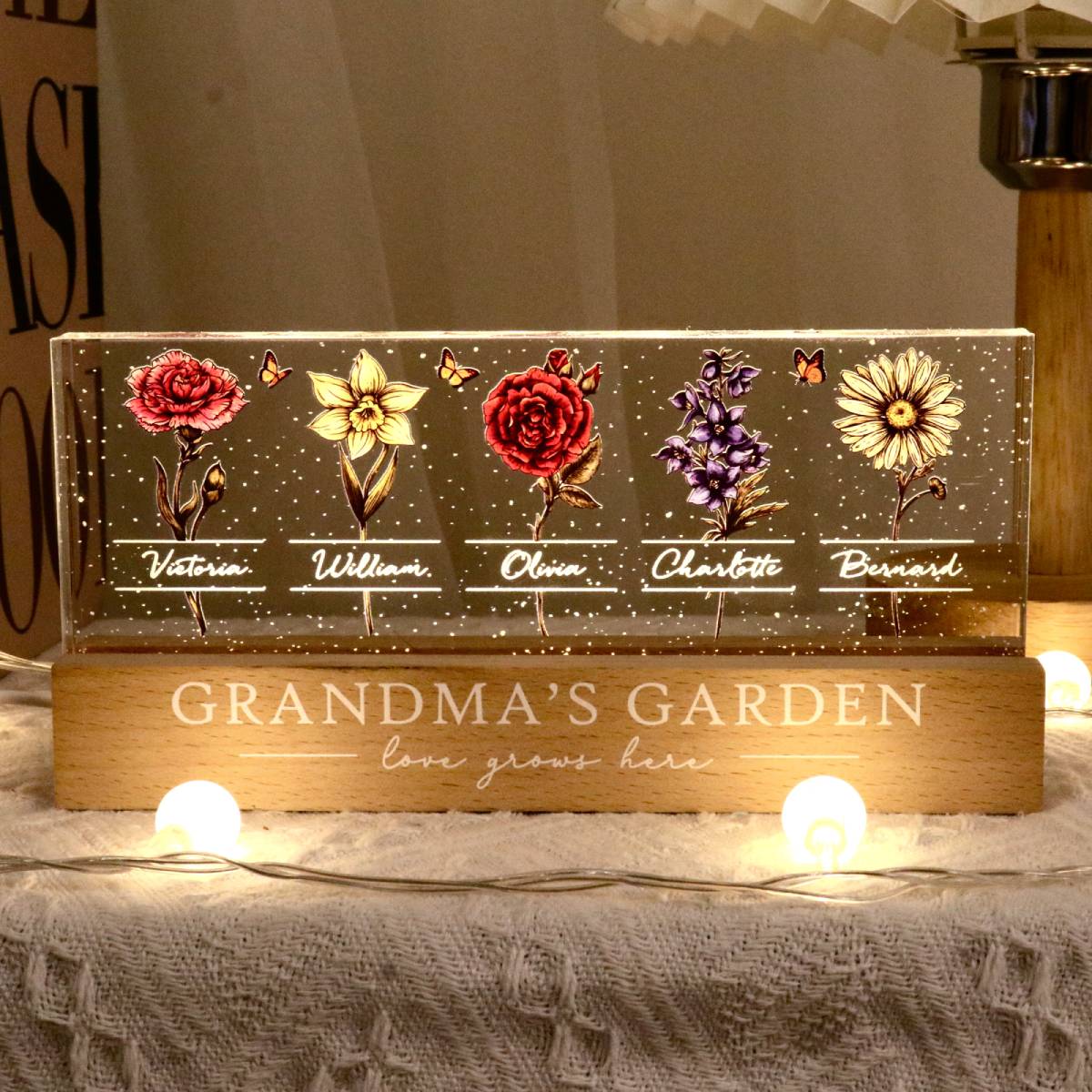Grandma's Garden Of Grandkids Birth Month Flowers Personalized LED Night Light, Heartfelt Gift For Grandma, Mom