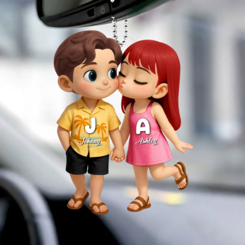 Cute Cartoon Couple Summer Vibe Personalized Acrylic Car Hanger, Gift for him, Gift for her