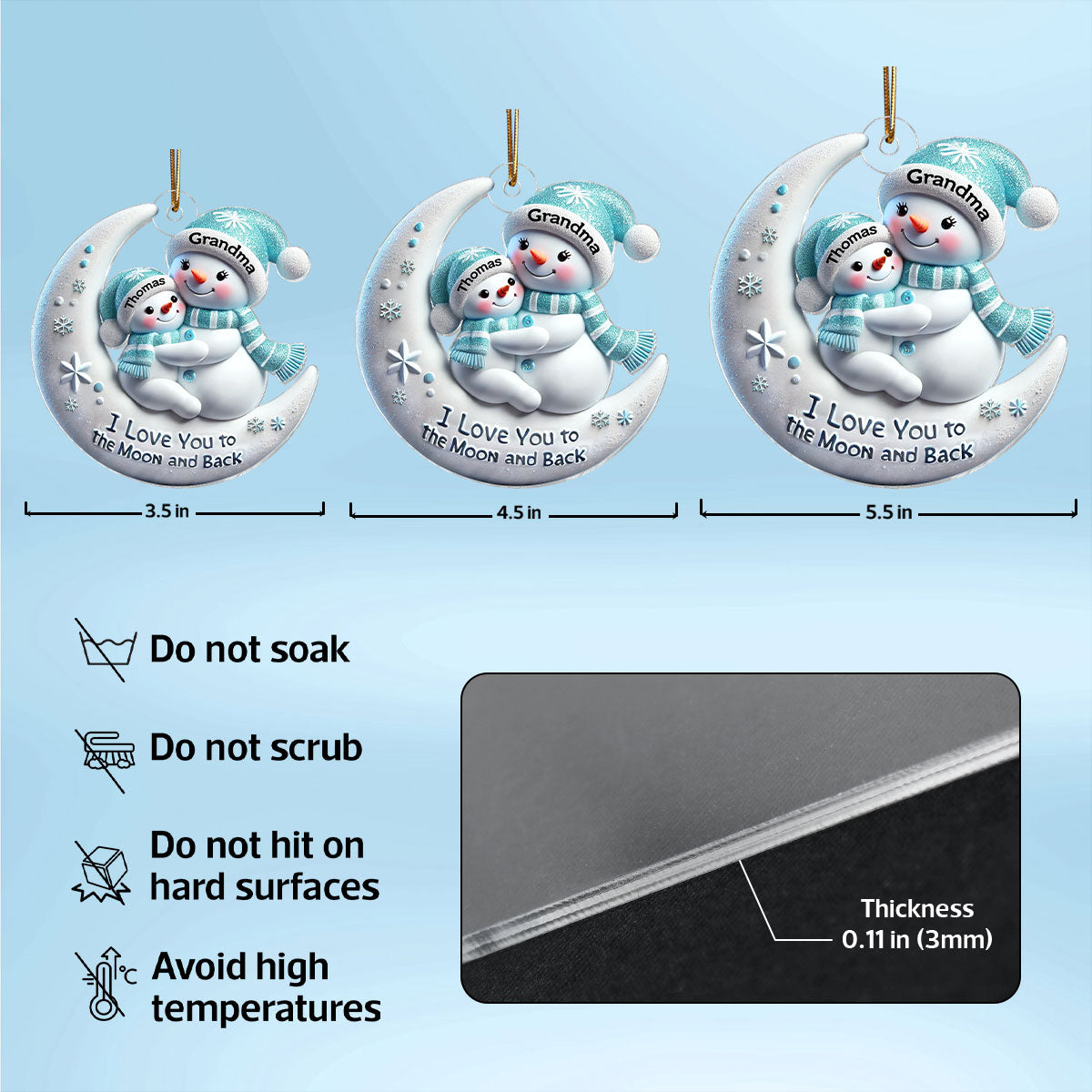 3D Effect Snowman Grandma & Hugging Grandkid On The Moon Personalized Acrylic Ornament, Christmas Gift For Granddaughter, Grandson