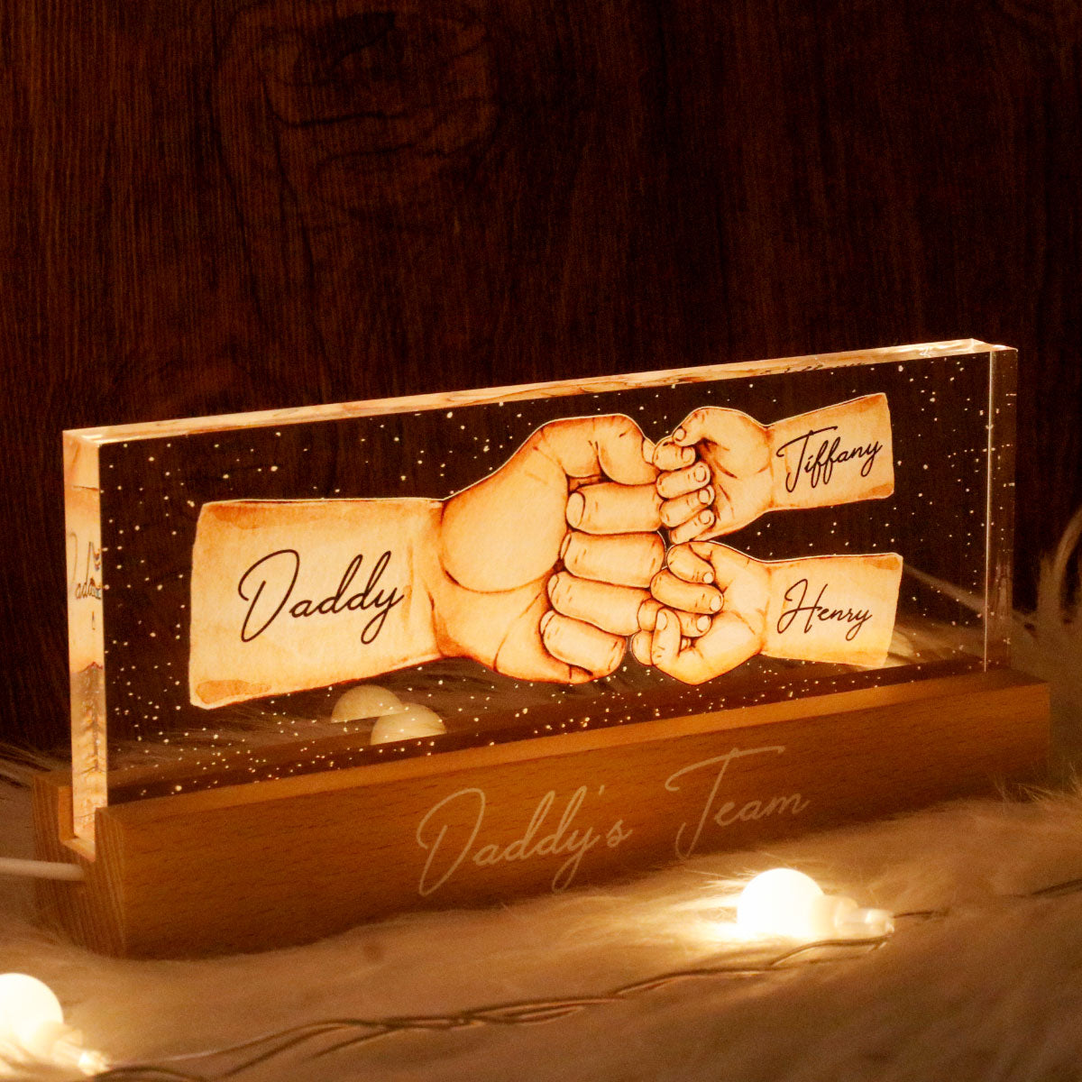 Daddy's Team Fist Bump Personalized Acrylic LED Night Light, Father's Day Gift For Dad, Gift For Husband, Gift For Grandpa