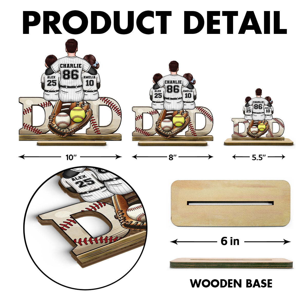 Baseball Softball Dad & Kids Glove Personalized 2-Layer Standing Wooden Plaque, Father's Day Gift for Dad, Gift for Husband
