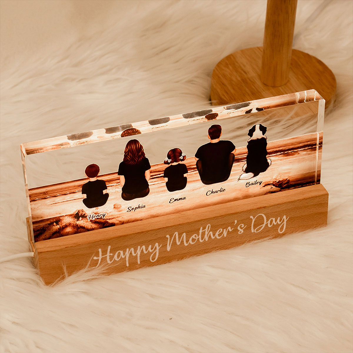Family Sitting Back View Retro Vintage Beach Landscape Acrylic LED Night Light, Gift for Mom, Gift for Grandma, Gift for Wife