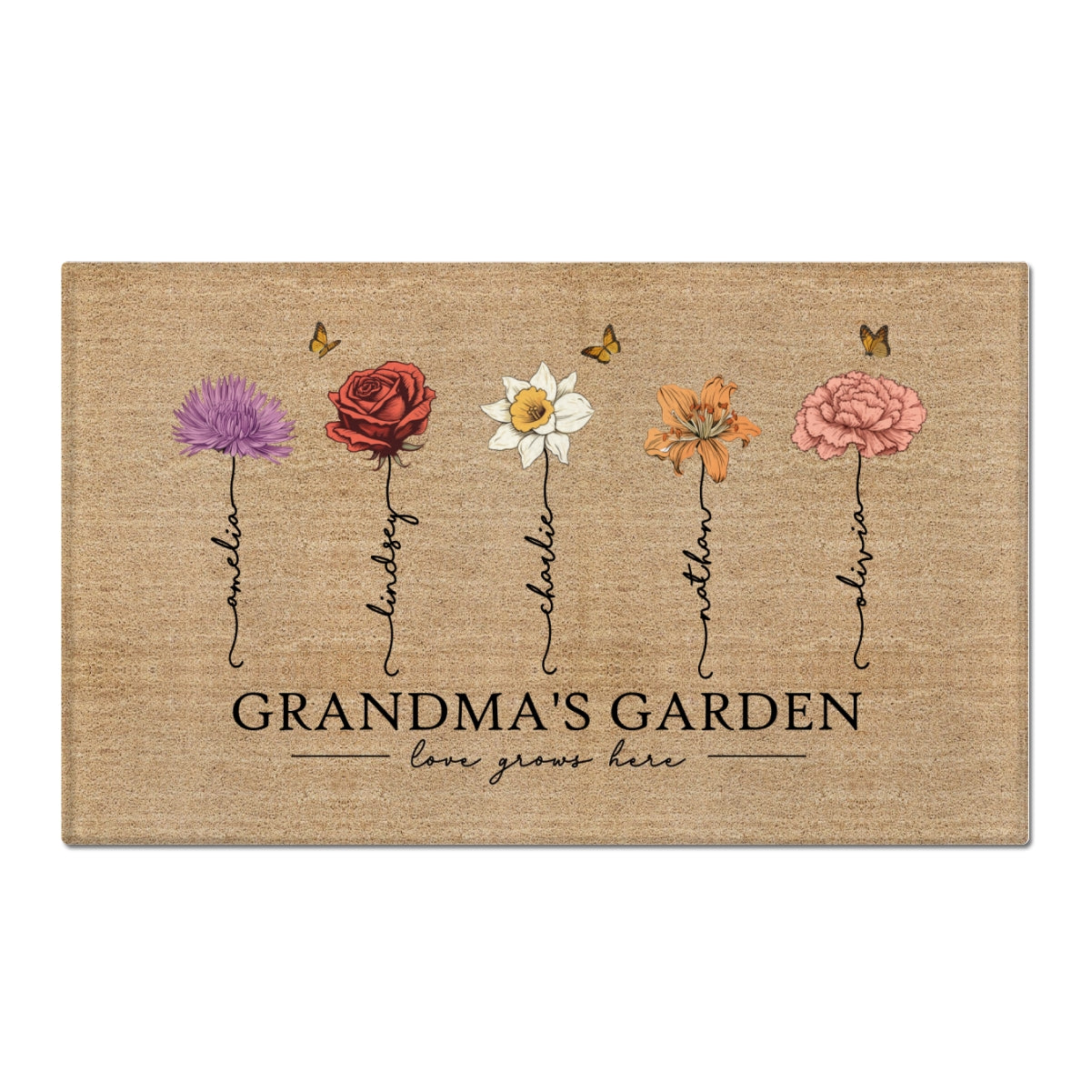 Grandma‘s Garden Love Grows Here Vintage Birth Flower Swirl Name Personalized Doormat, Gift For Her, Grandma, Mom
