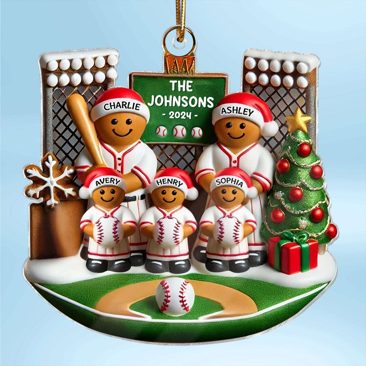 3D Effect Baseball Gingerbread Family On Field Sport Lover Personalized Acrylic Ornament