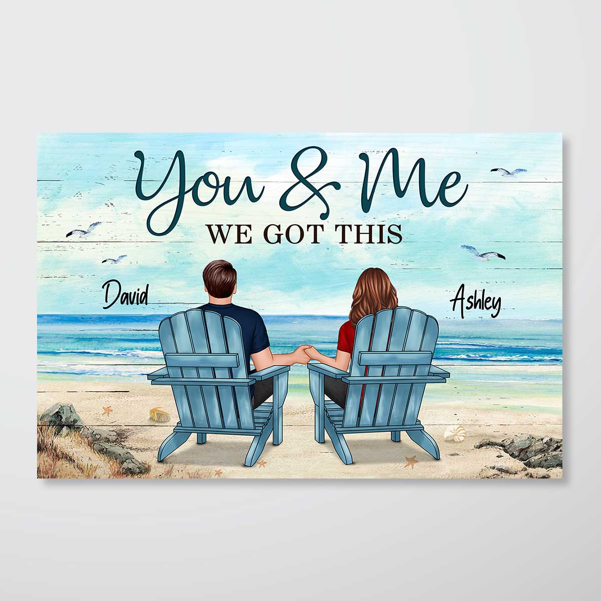 Back View Couple Sitting Beach Landscape You & Me We Got This Gift For Him For Her Personalized Horizontal Poster