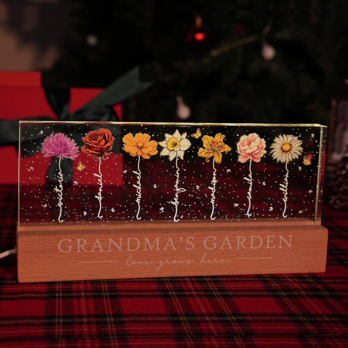 Grandma‘s Garden Birth Month Flowers Personalized Acrylic Block LED Night Light, Heartfelt Gift For Grandma