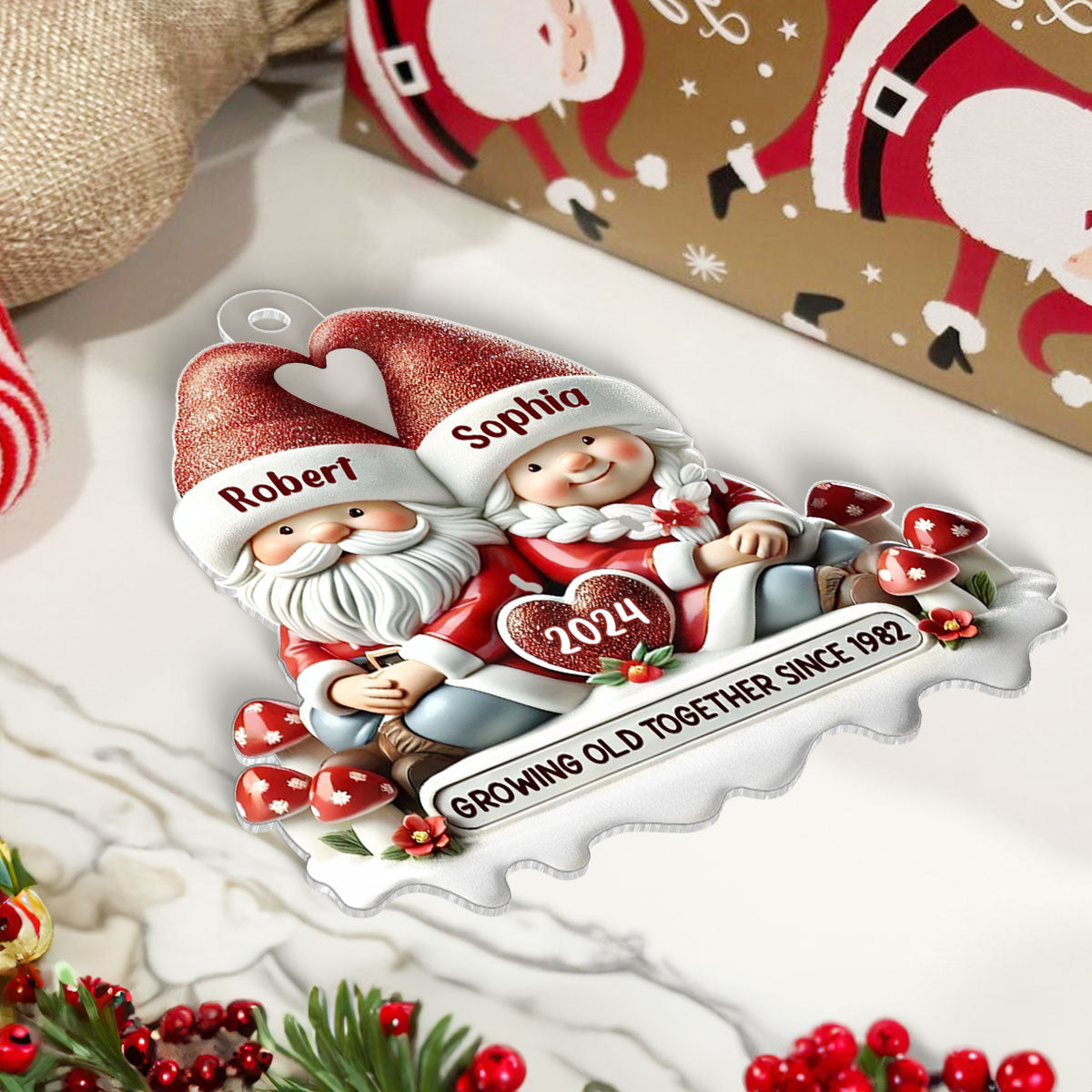 3D Effect Gnome Couple Personalized Flat Acrylic Ornament, Gift For Him, For Her, Husband, Wife