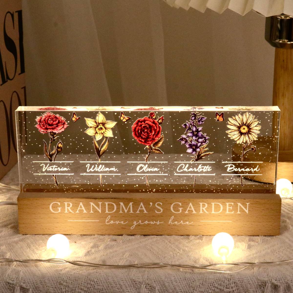 Grandma's Garden Of Grandkids Birth Month Flowers Personalized LED Night Light, Heartfelt Gift For Grandma, Mom