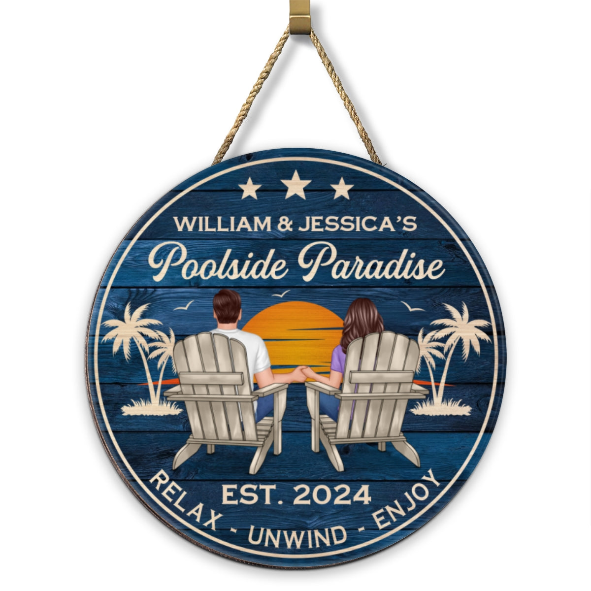 Poolside Paradise Couple Sitting Personalized Wood Sign, Summer Decor, Perfect for Bar, Pool Deck, Beach House, Backyard Walls