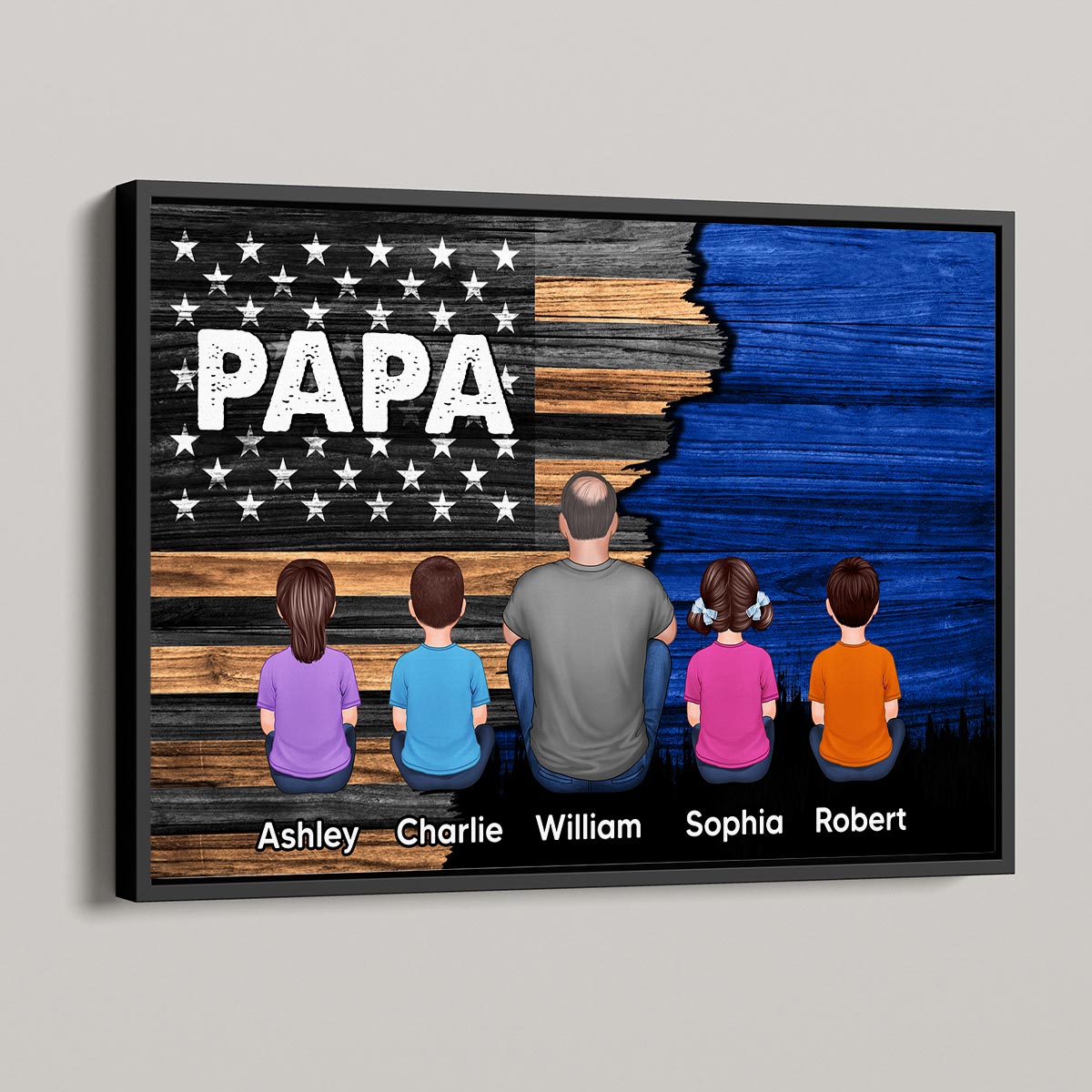 Dad Grandpa Papa Back View Sitting With Kids Half Nation Flag Personalized Horizontal Poster