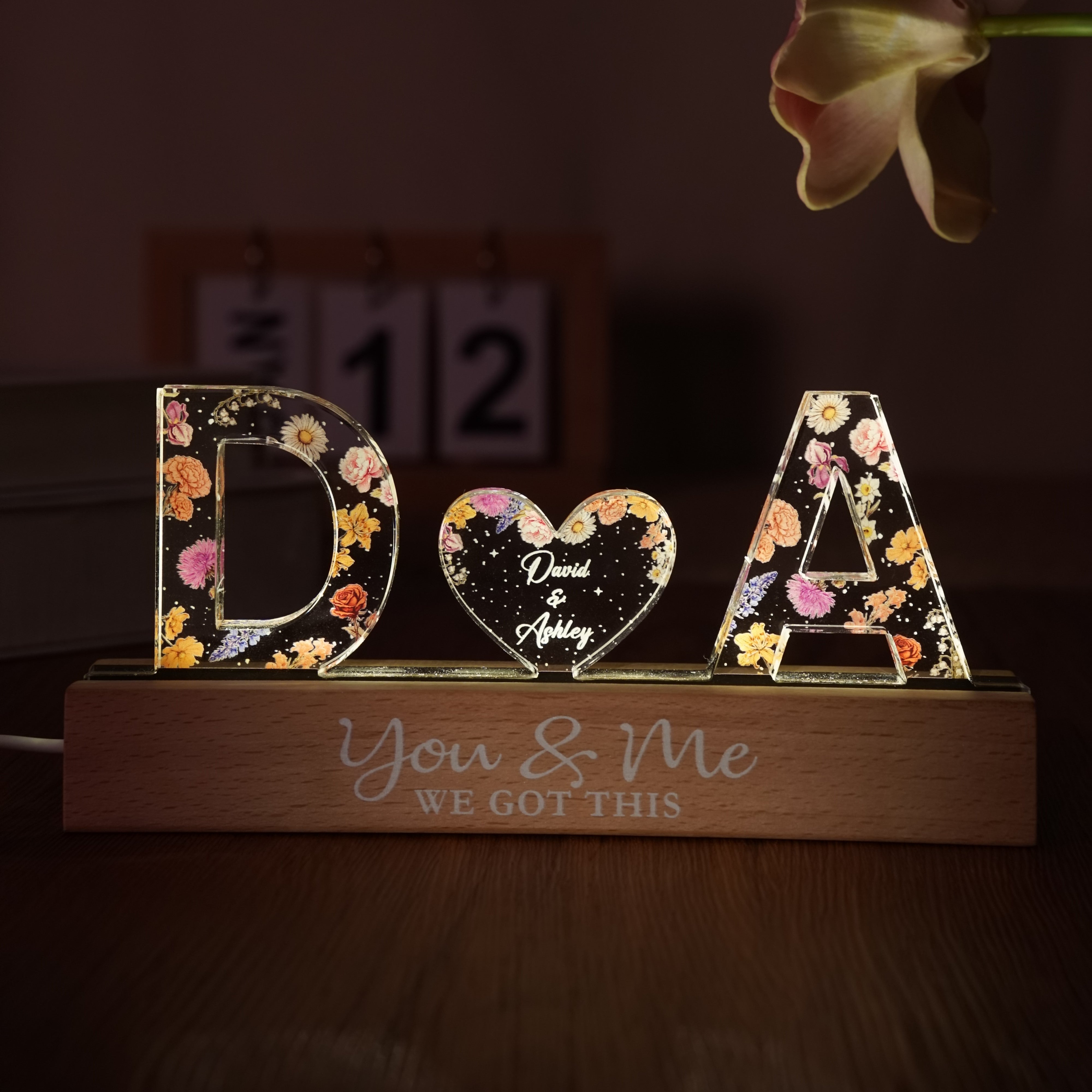 Couple Initials Floral Theme Personalized Acrylic Block LED Night Light, Heartfelt Gift For Her, For Wife