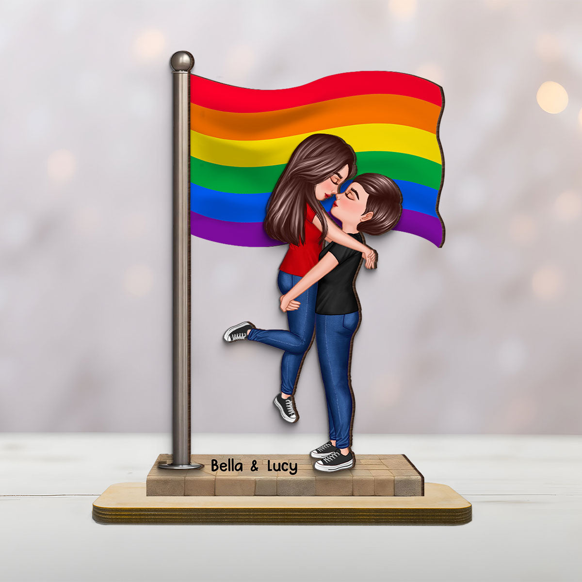 LGBT Couple Hugging Kissing Flag Personalized 2-Layered Standing Wooden Plaque, Pride Month Gift, Anniversary Gift