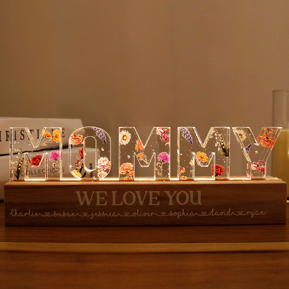 Custom Flower Printed LED Night Light, Birth Month Flower, Gift for Mom, Gift for Grandma, Gift for Wife