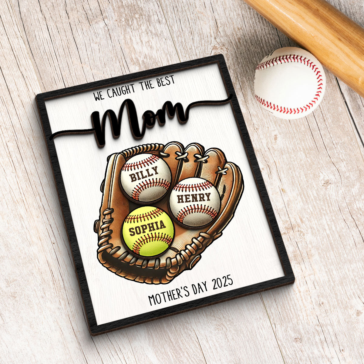 We Caught The Best Mom Baseball, Softball Personalized 2-Layer Wooden Plaque, Custom Kid's Name, Gift For Mom, Gift For Wife, Gift For Grandma