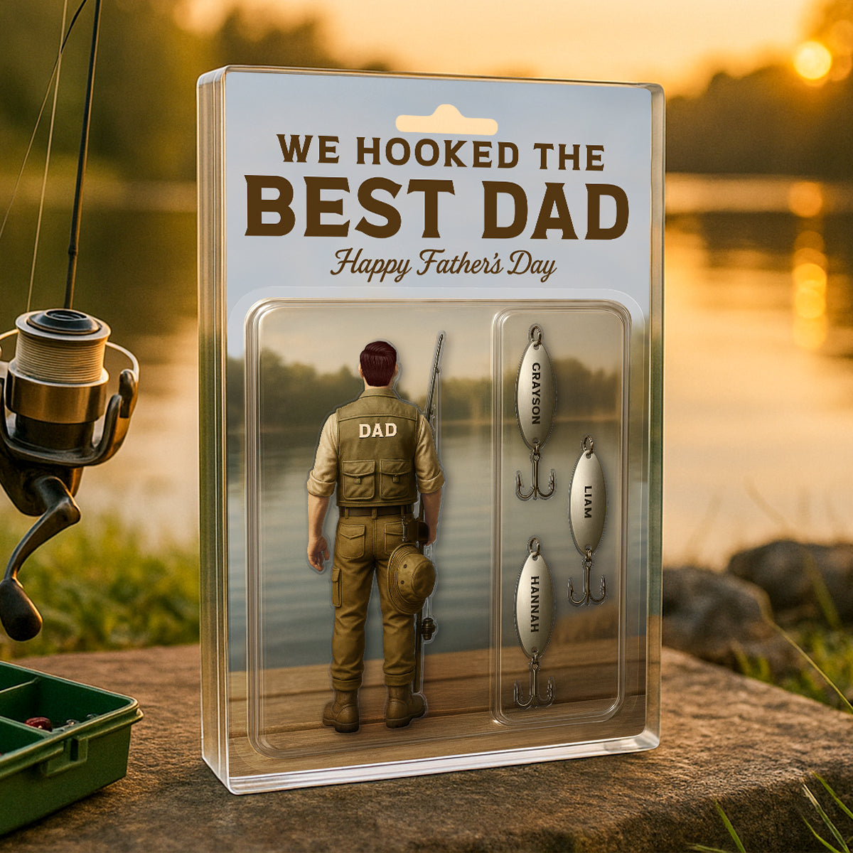 We Hooked The Best Dad Fishing With Kids' Names Custom Figure Personalized Acrylic Block Plaque, Perfect Father's Day Gift For Husband, For Dad, Fishing Lover