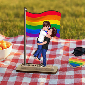 LGBT Couple Hugging Kissing Flag Personalized 2-Layered Standing Wooden Plaque, Pride Month Gift, Anniversary Gift