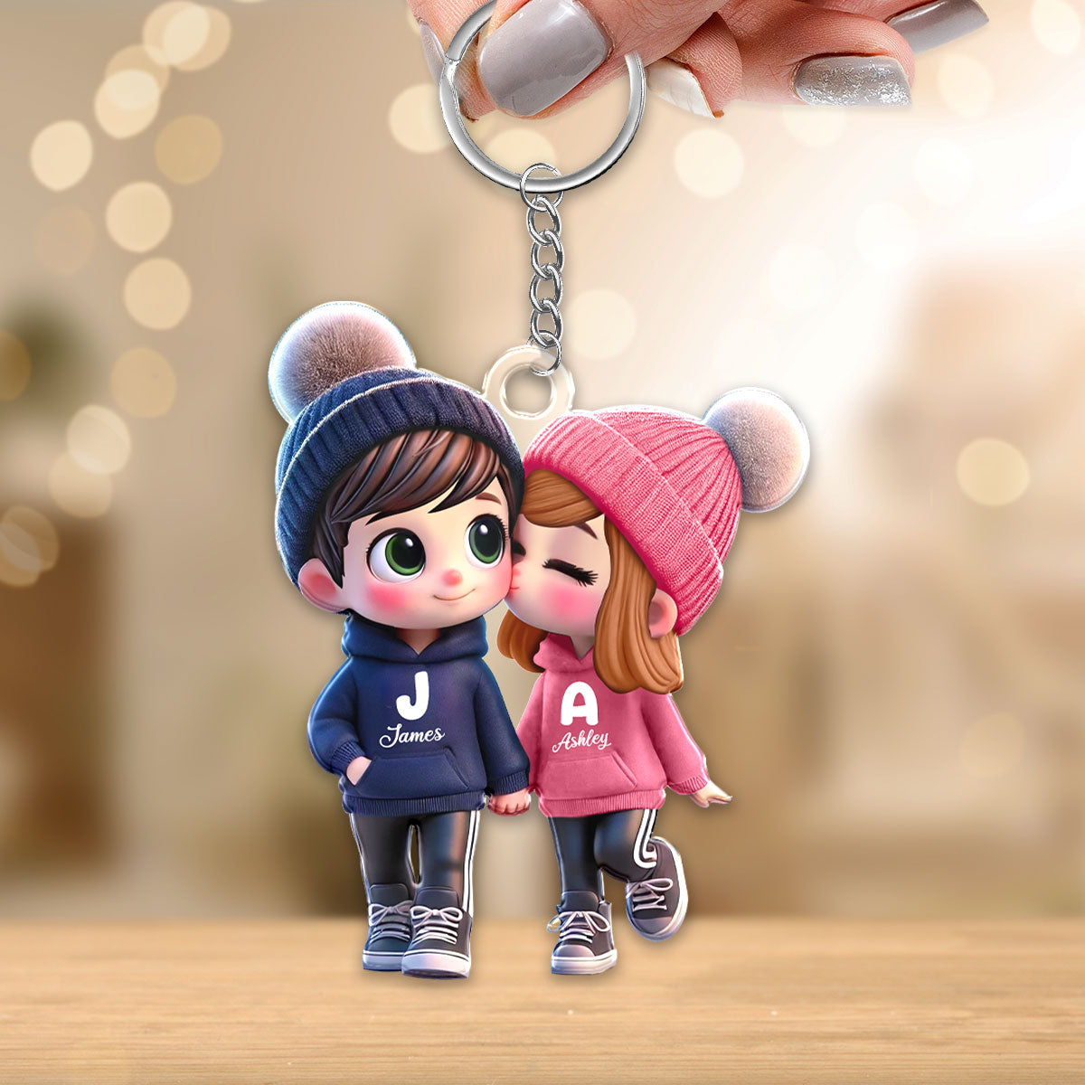 3D Effect Cute Cartoon Couple Walking Personalized Acrylic Keychain,  Gift for Him, Gift for Her